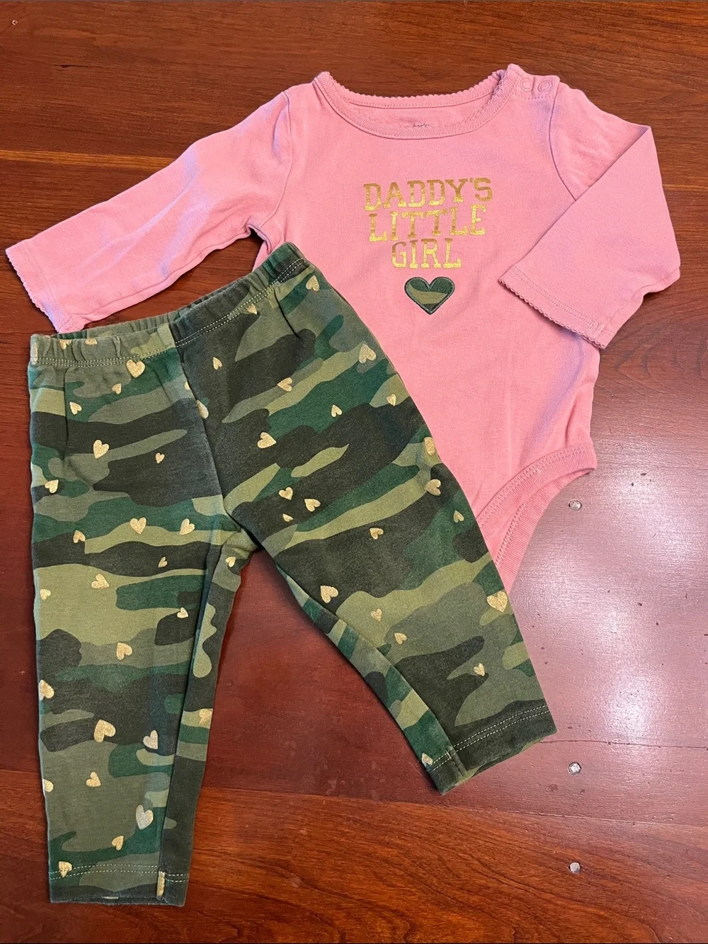 Carter's Pink Long-Sleeve Onesie with Green Camo Heart Leggings